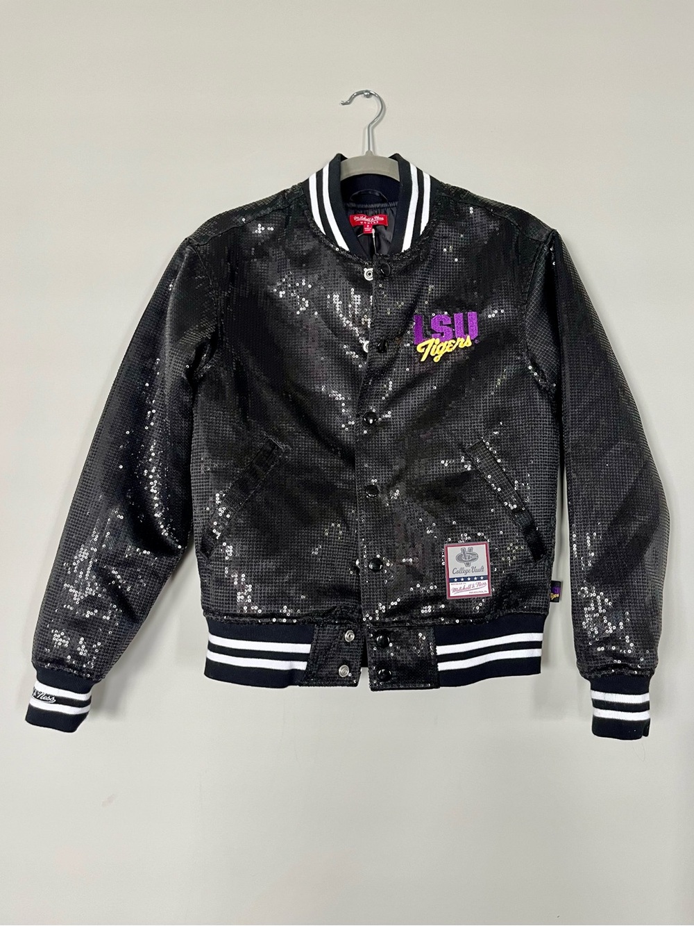 Mitchell & Ness NWT Sequin Black Bomber Varsity Jacket LSU Tigers SEC Football S